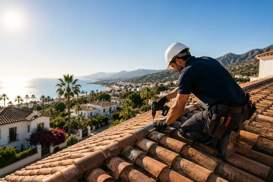 Roofer repairing terracotta roof tiles in southern Spain